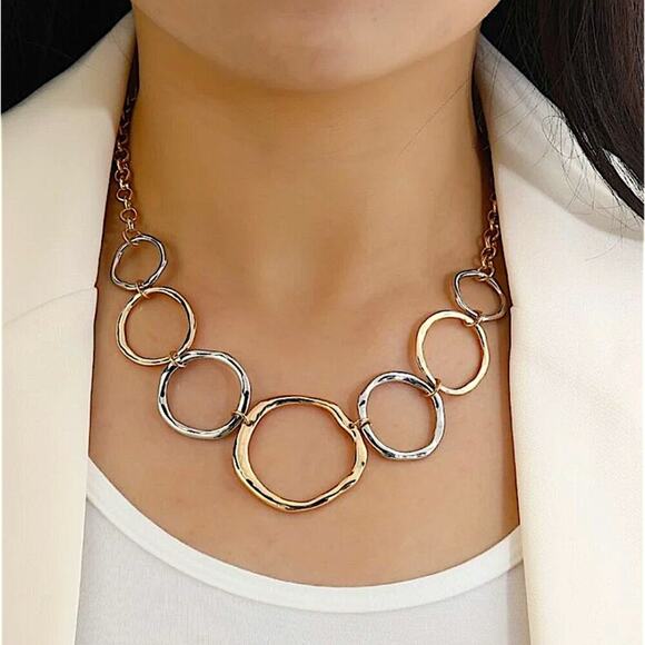 Handmade Contrasting Circles Necklace Choker Gold Silver Plated Stainless Steel - Picture 1 of 3